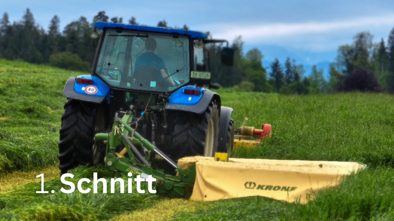 1 Schnitt Mähen mit New Holland T5050 und Pöttinger Krone Mähkombination