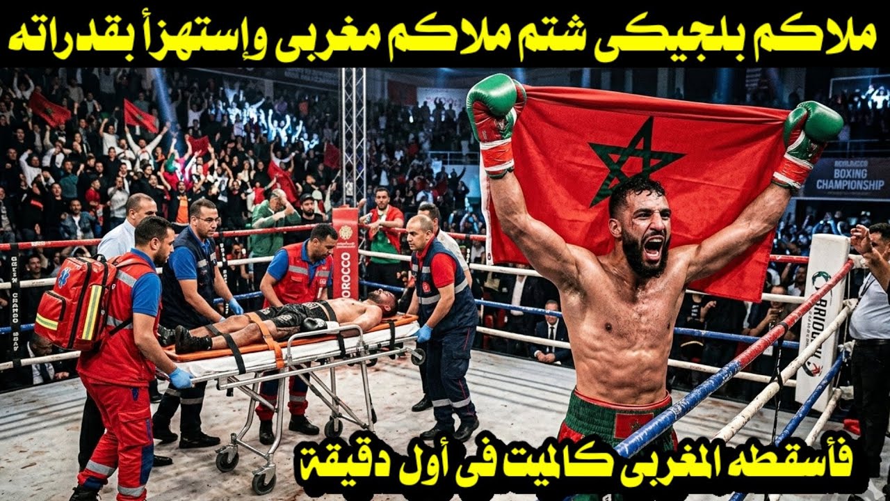 ملاكم بلجيكى شتم ملاكم مغربى وإستهزأ بقدراته فأسقطه المغربى كالميت فى أول دقيقة 