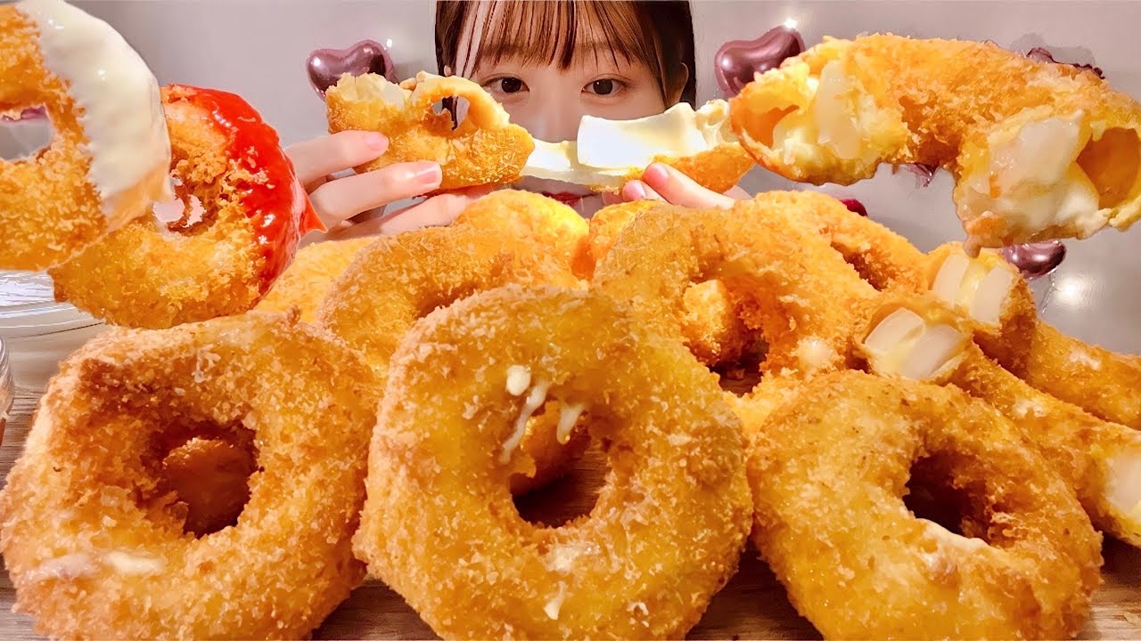 ASMR Луковые кольца с сыром【русские субтитры】【Mukbang/ Eating Sounds】
