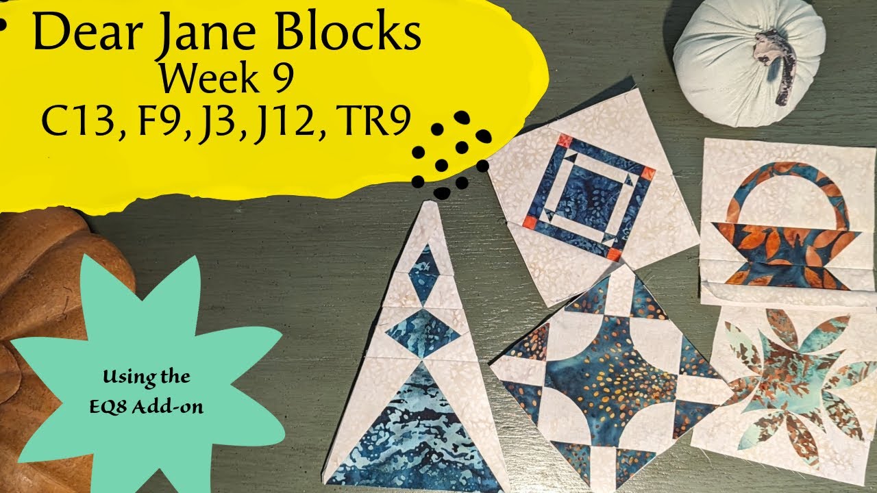 Dear Jane Week 9 QAL, More Creative Applique, C13, F9, J3, J12, TR9