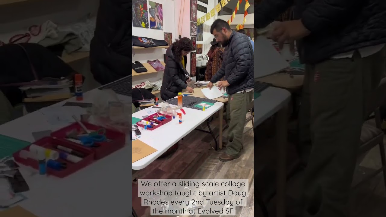 Collage workshop every 2nd Tuesday of the month. It&rsquo;s sliding scale $10 & up. Create with us!