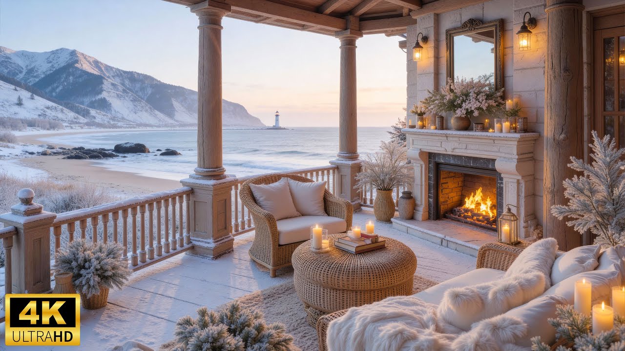 Calm Winter Porch by the Sea ❄ Soft Winter Piano with Crackling Fireplace & Gentle Ocean Waves
