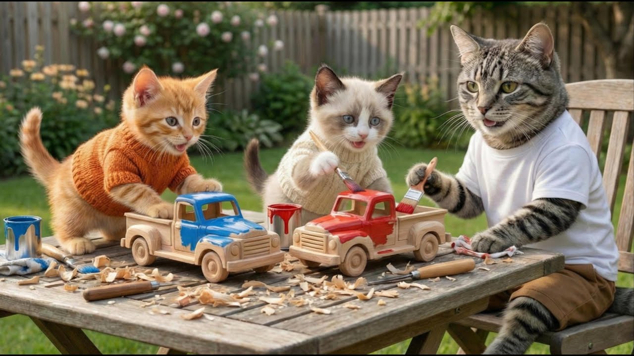 🚗 Papa Cat and His Two Kittens’ Toy Car Story 💛🐾