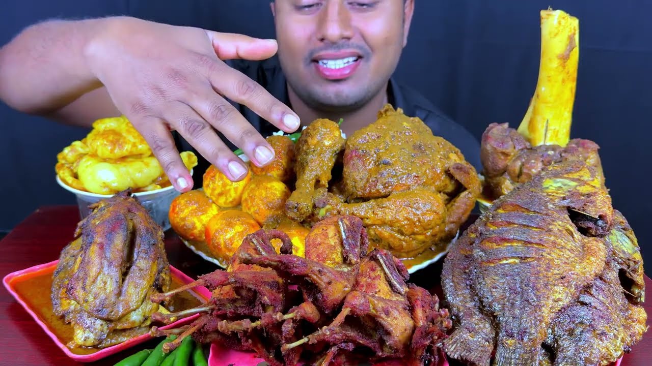 EatingMost Oily Mutton Fat Curry, Whole Chicken Curry, Quel Fry, Fish Fry & Rice || Eating Show