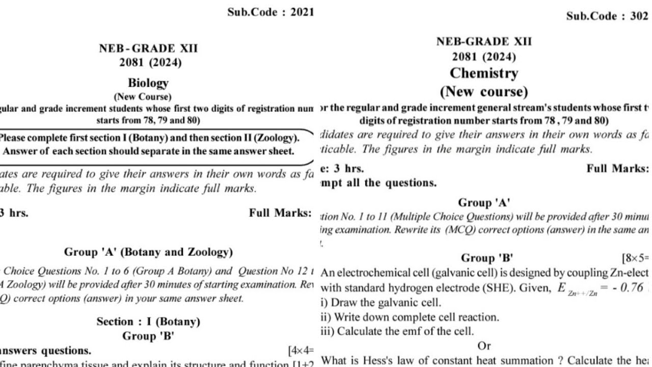 NEB- 2081, QUESTION PAPERS-BIOLOGY, CHMESTRY SUBJECTS.