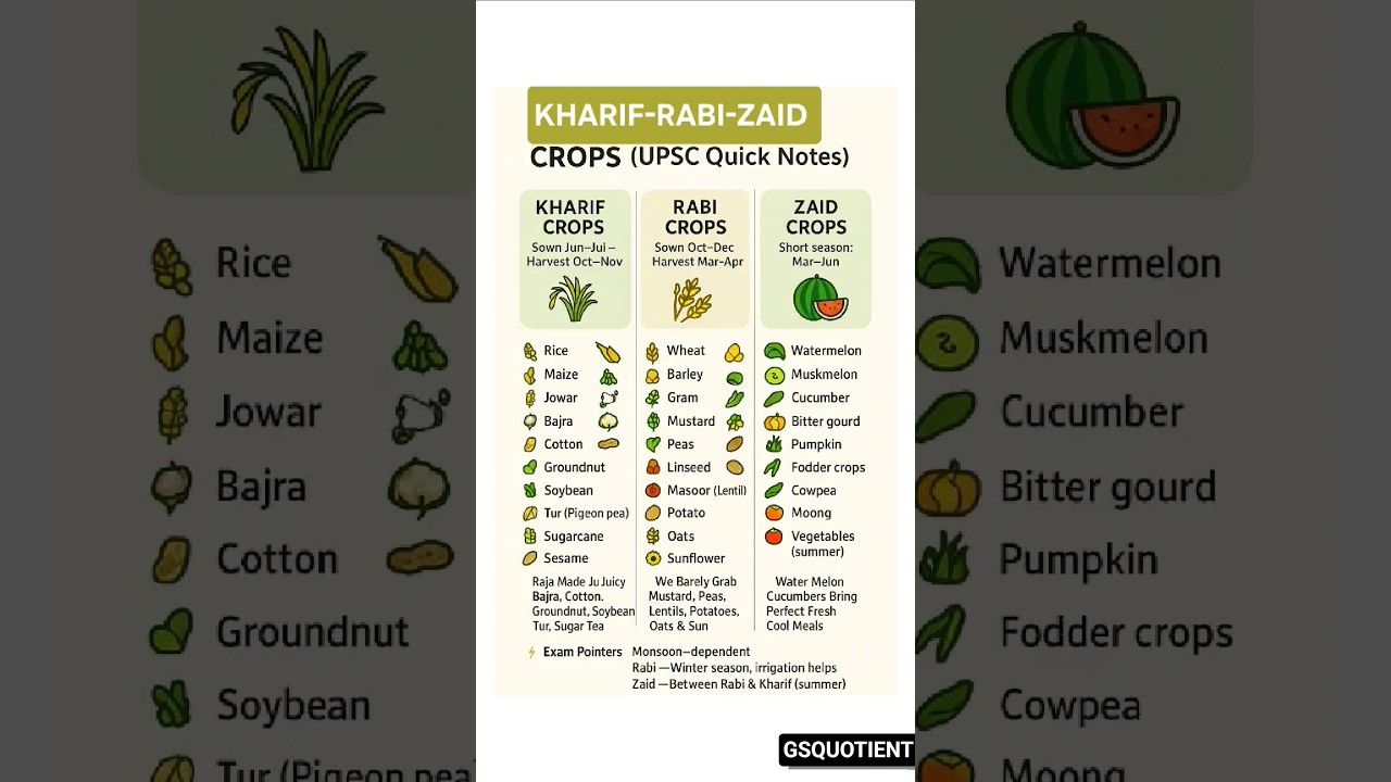 🌾 UPSC Quick Notes 🌱 | Kharif &ndash; Rabi &ndash; Zaid Crops | Easy Tricks + Funny Mnemonics  |🚀📚