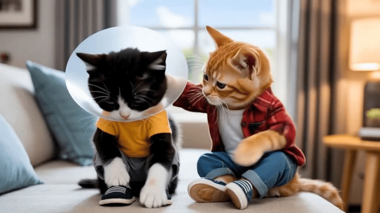 Orange Cat Scully Helps Injured Pal Owen Wearing Cone, Cats Doing Human Things, Heartwarming Story❤️