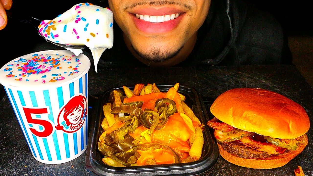 ASMR EATING WENDY'S BIRTHDAY CAKE FROSTY ICE CREAM BURGER CHEESE FRIES JERRY NO TALKING MUKBANG