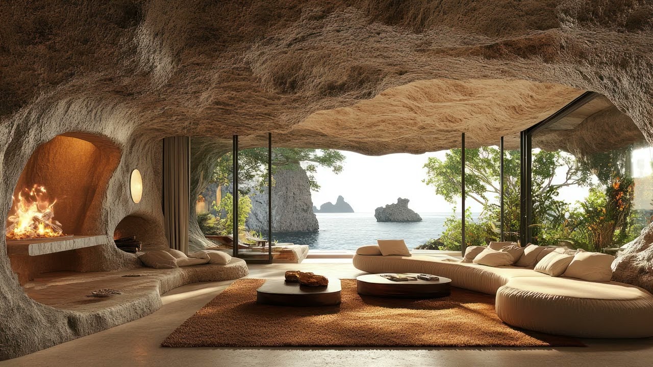 Midday Ocean View Lounge 🌊 Cozy Fireplace R&B Lofi for Easy Listening