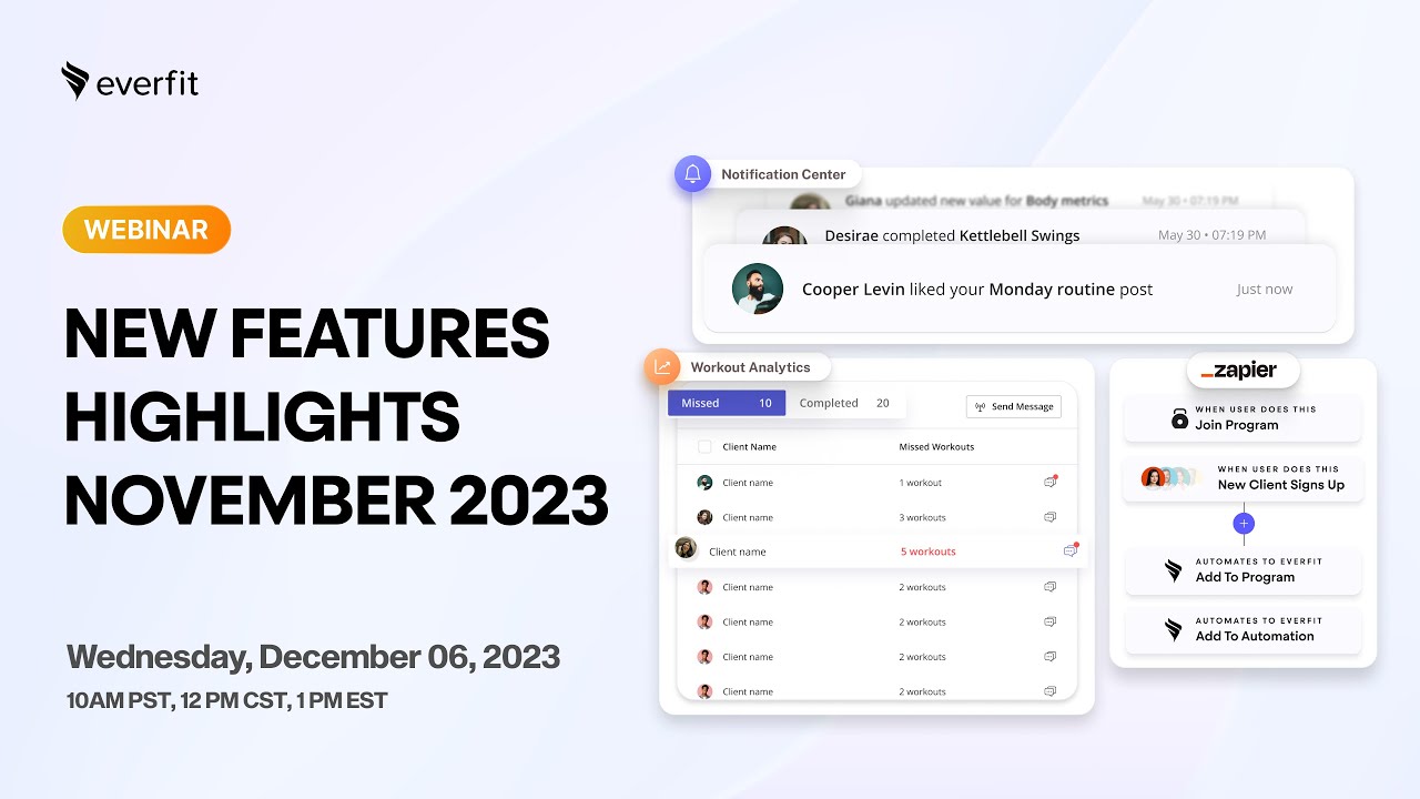Everfit New Features Highlights Nov 23: Zapier Integration, Notification Center, Workout Analytics