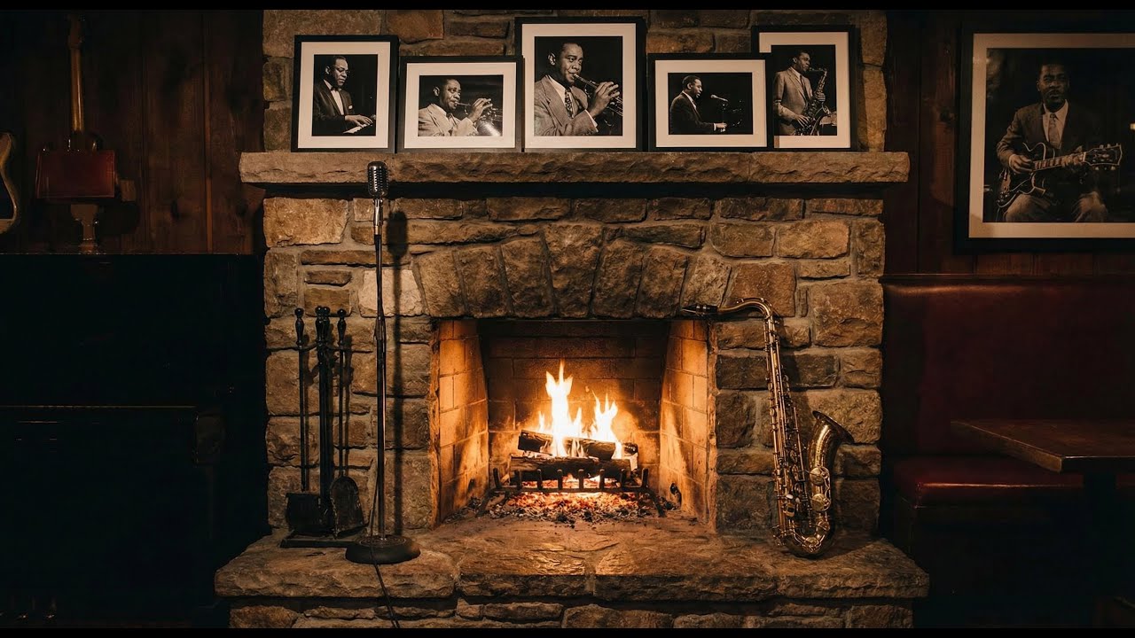 4K Cozy Jazz Club Fireplace with Smooth Jazz Music for Relaxing, Studying and Working