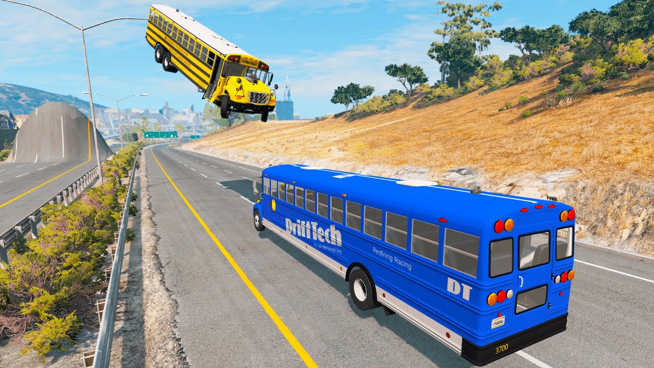Collision of Two Buses due to a Giant Bulge in the Road - BeamNG.Drive