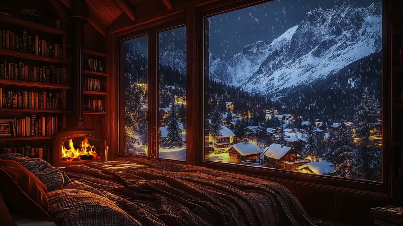 Winter Night Snow Falling and Fire Crackling Beside the Window for Deep Sleep, Stress Relief & Chill