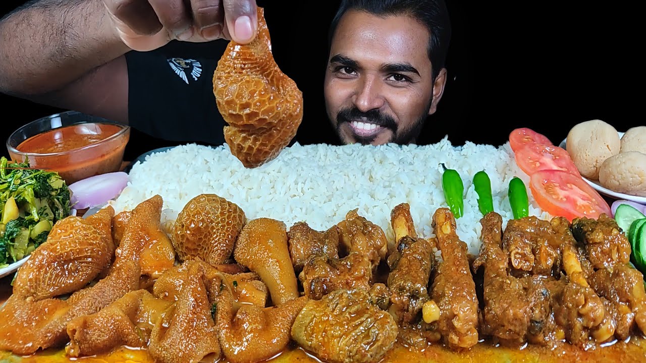 SPICY MUTTON BOTI CURRY WITH RICE EATING | MUTTON PAYA CURRY, RASGULLA & SALAD ASMR GOAT BOTI CURRY