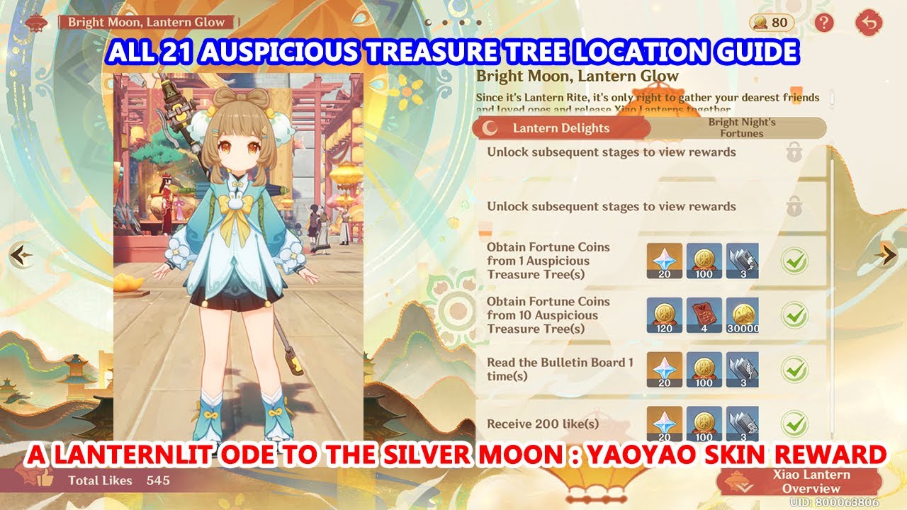 A Lanternlit Ode to the Silver Moon : Yaoyao Skin Reward & 21 Auspicious Treasure Tree Location