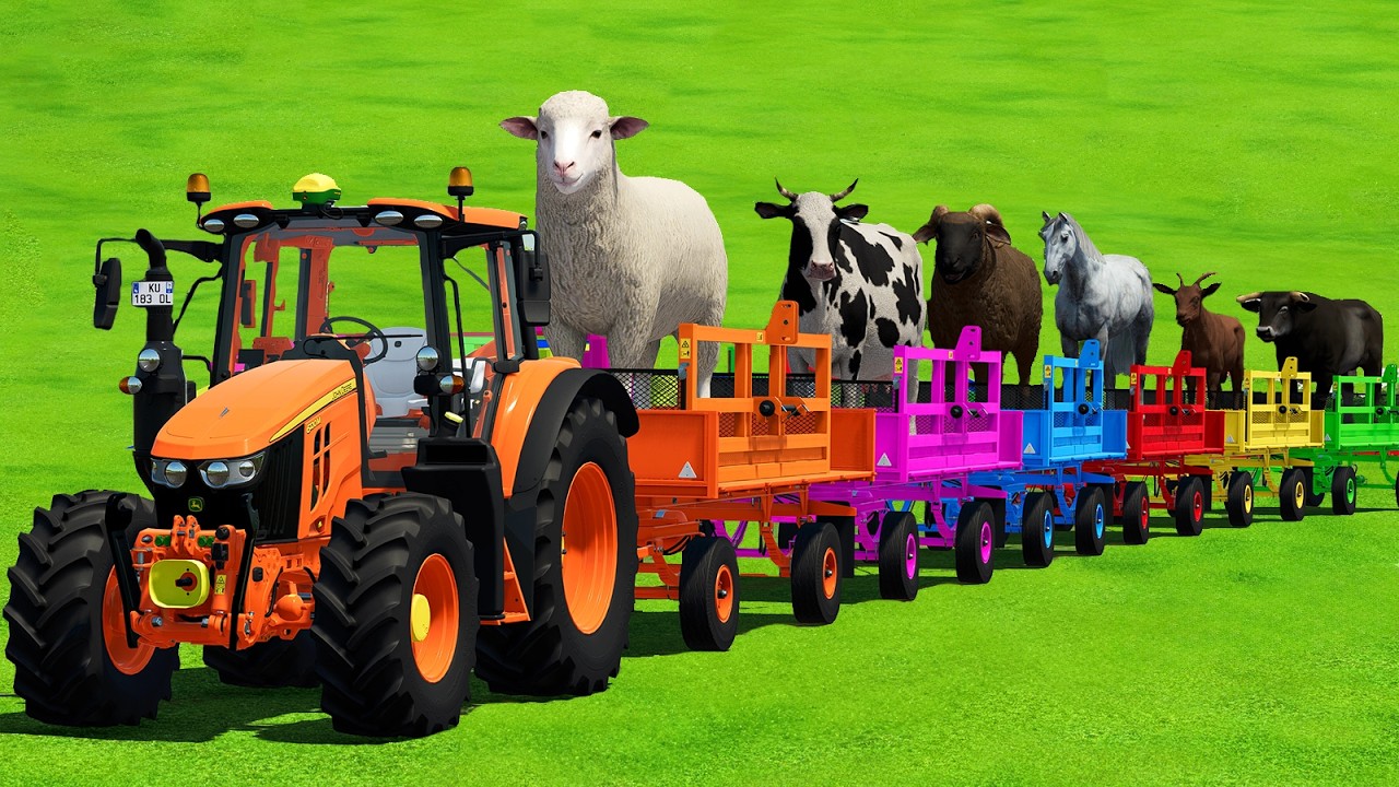 BULLS, SHEEPS, HORSES, COWS, RAMS & GOATS TRANSPORT WITH COLORED TRACTORS - FS22