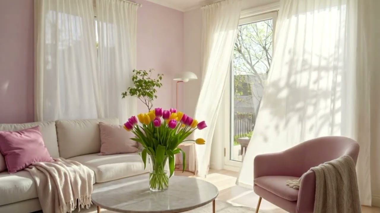 Relaxing Spring Living Room 🌿 Cozy Scandinavian Interior | Calm Ambient Background 4K