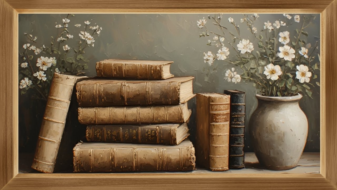 Cuadro enmarcado | Libros antiguos y flores | Arte decorativo para TV