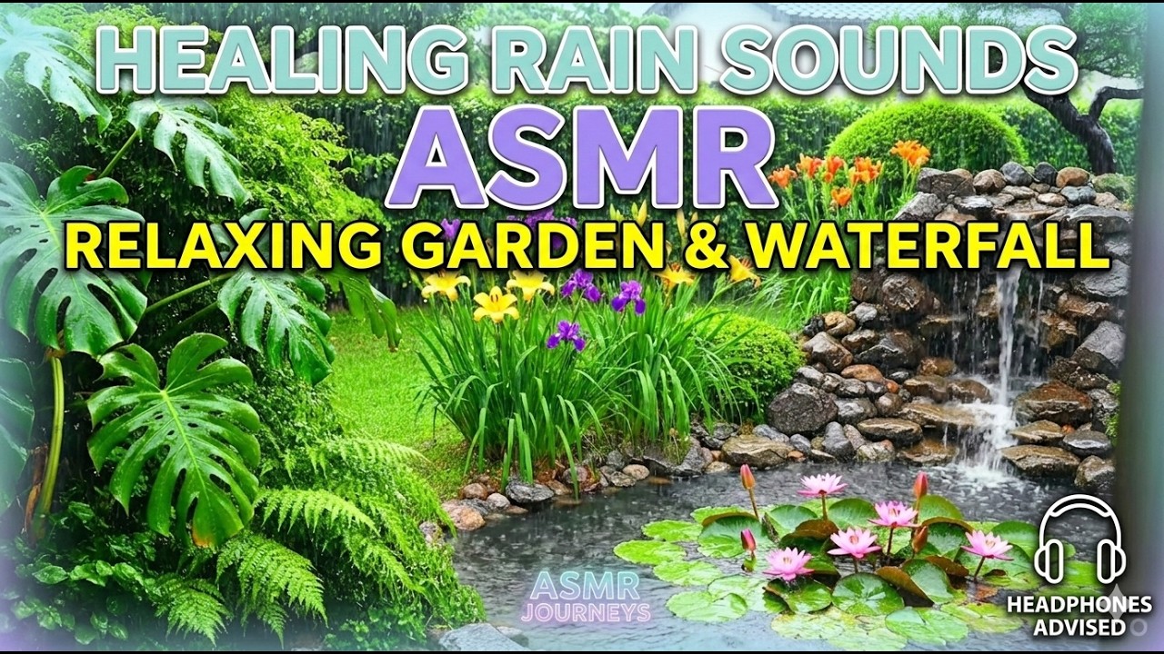 ASMR Healing Rain Sound Relaking Garden & Waterfall #nature #relaxation #sleep #rain