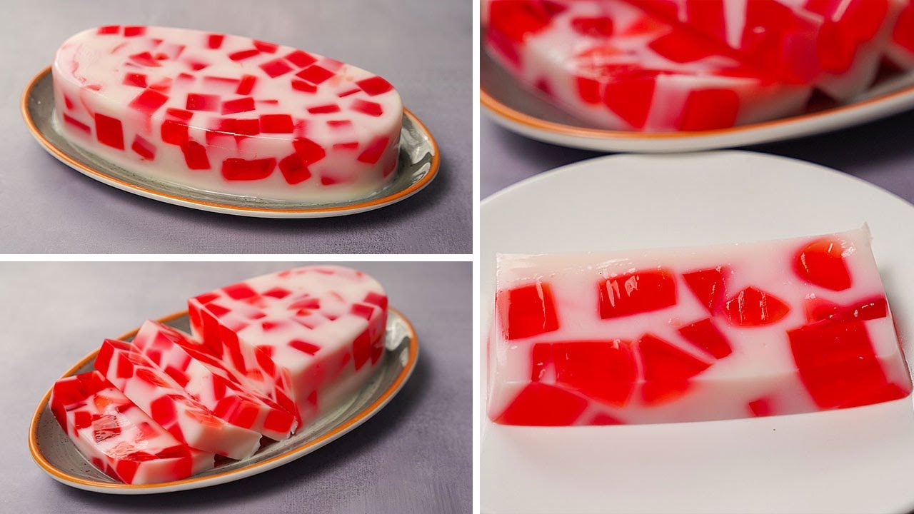 Strawberry Jelly Milk Pudding Recipe | Strawberry Broken Glass Pudding | No Bake Jelly Dessert