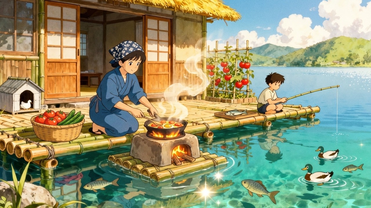 Peaceful Life on a Floating House: Tomato & Cucumber Harvest + Rustic Cooking | Ghibli-Style ASMR