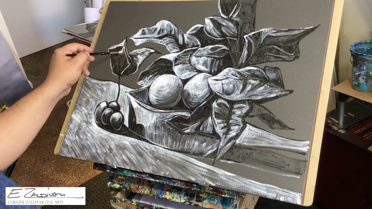 Acrílico, Pincel seco, Pintando naturaleza muerta, Claro oscuro, Escala de grises, ENRIQUE ZALDIVAR