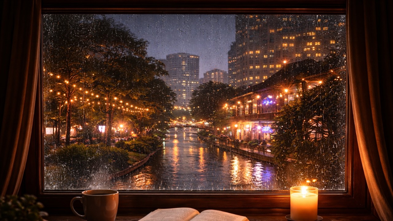 Rainy Canal Window | 3 Hours TV Background Ambient | Cozy Rain Sounds for Relaxing, Study, Sleep