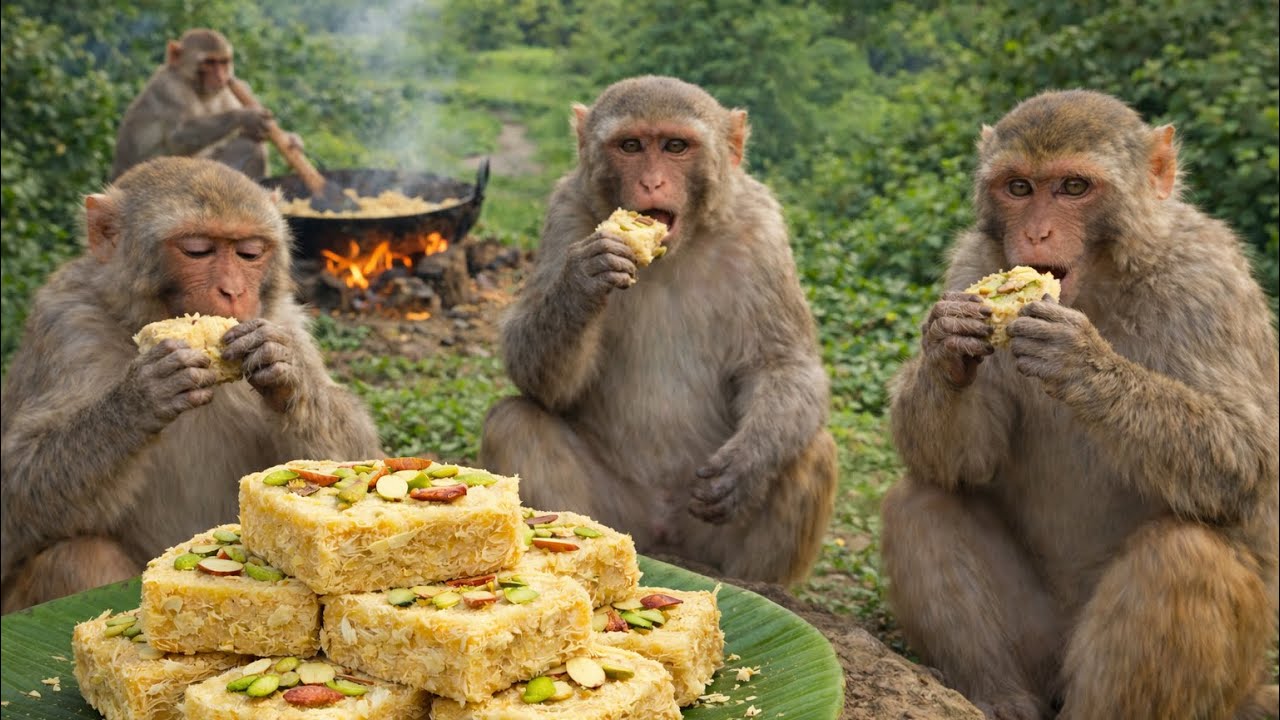 बंदरों ने मिलकर बनाई सैकड़ों देसी सोहन पापड़ी 😱🔥 पूरा गांव हैरान  Monkeys Made Sohan Papdi