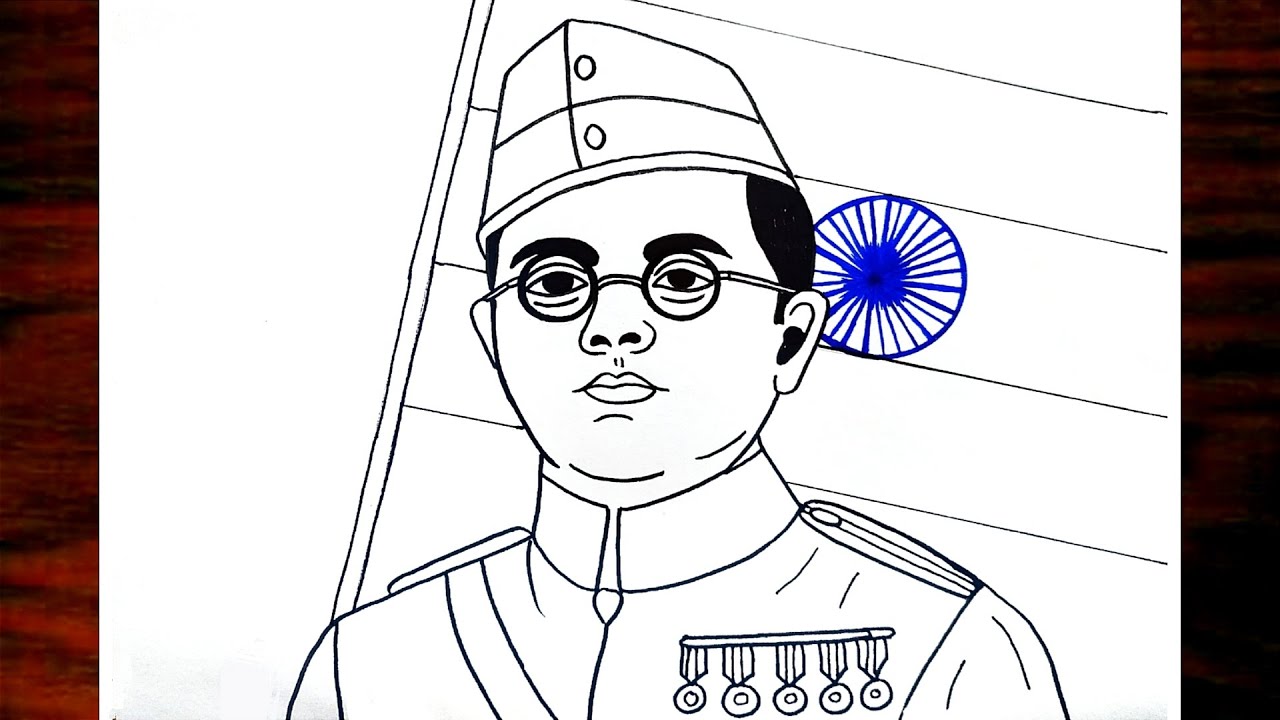 How To Draw Netaji Subhash|Easy Netaji Line Drawing|Netaji Scenery Drawing With Flag