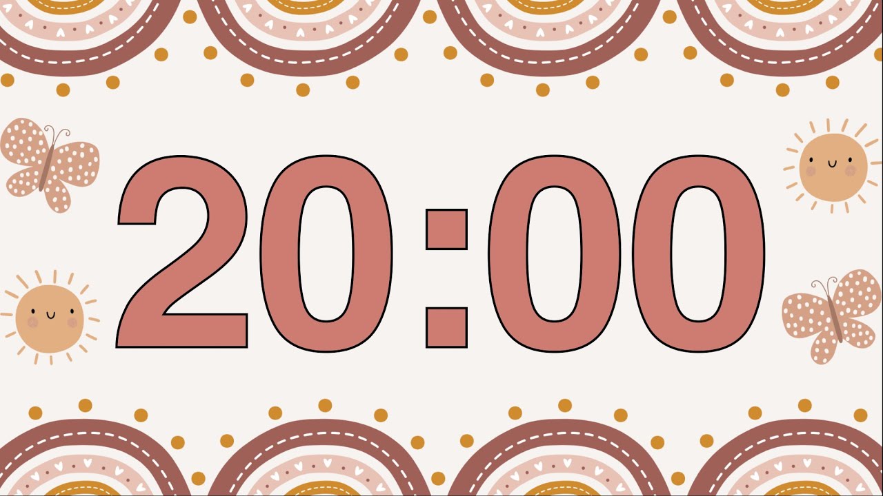 20 Minute Happy Boho Rainbow Classroom Timer (Calm Bell Alarm at End, No Music)