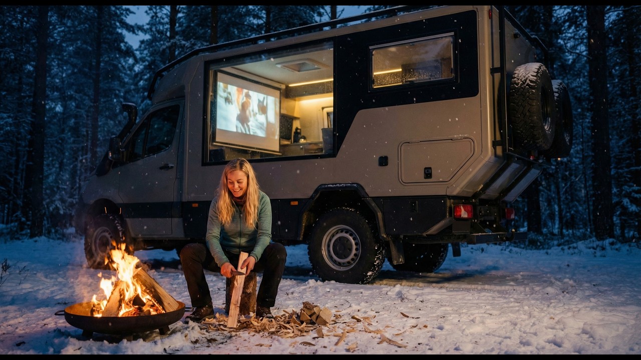 Solo Camp in a Luxury Expedition (Vehicle Winter | Camping Whittling | Movie Night)