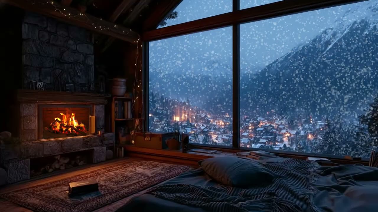 Cozy Winter Forest Cabin Snowstorm with Gentle Fireplace Ambience for Focused Study Nights