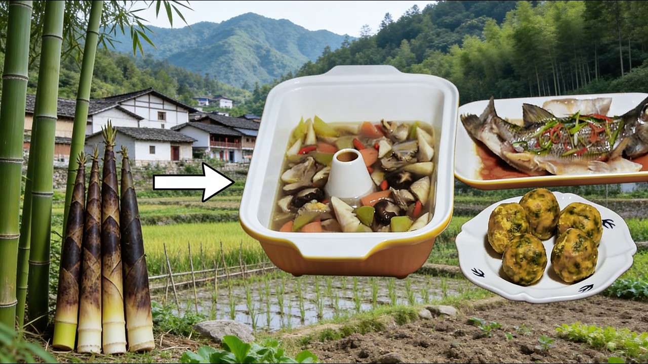 Сбор свежих побегов бамбука! Традиционная сельская кухня и пир! #урожай