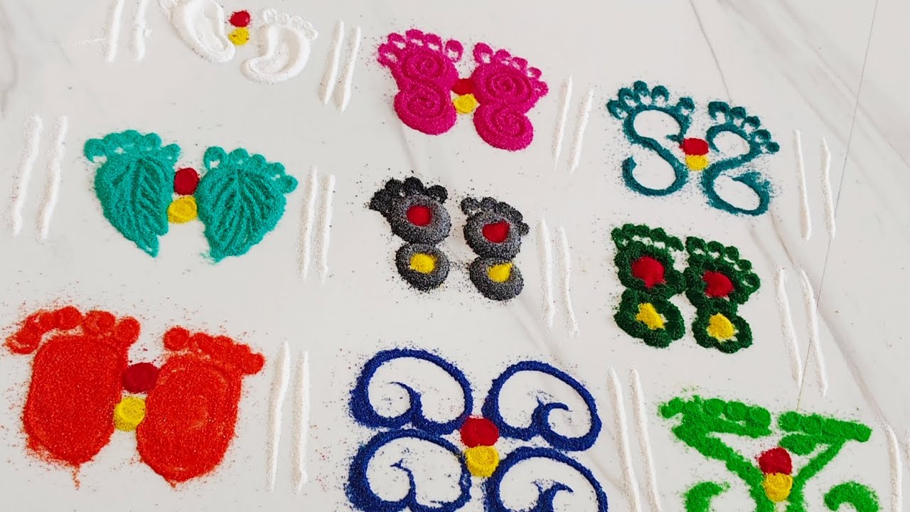 Beautiful 9types of laxmi charan rangoli 🌸#rangoli #art #laxmipuja#dailyrangoli #indianrangole 