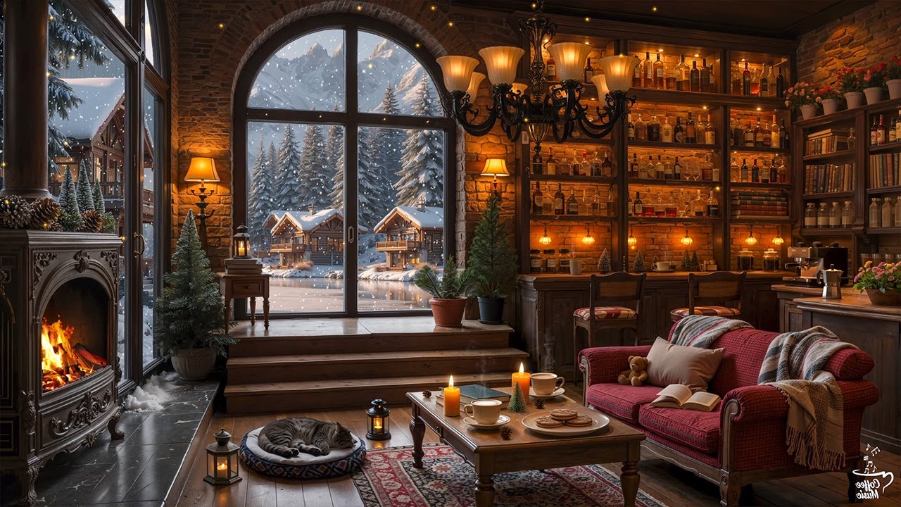 Relaxing Warm Jazz Piano Music for Reading & Work ☕ Winter Coffee Shop Ambience with Gentle Snowfall