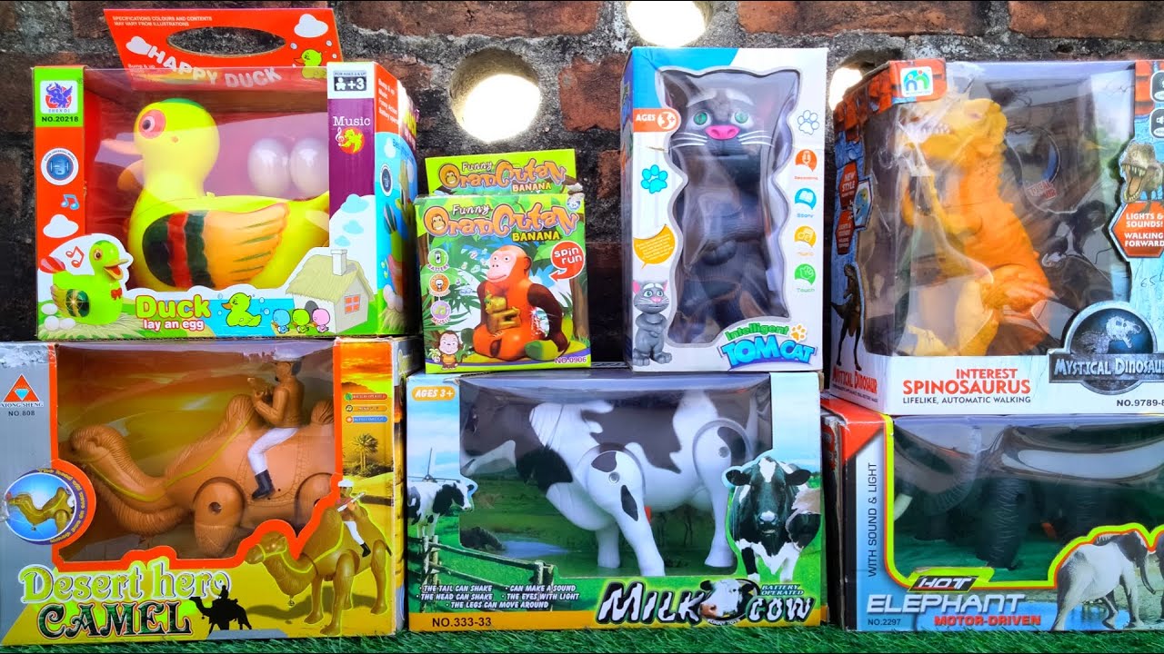 battery operated animals unboxing - camel horse tomcat duck elephant dinosaurs