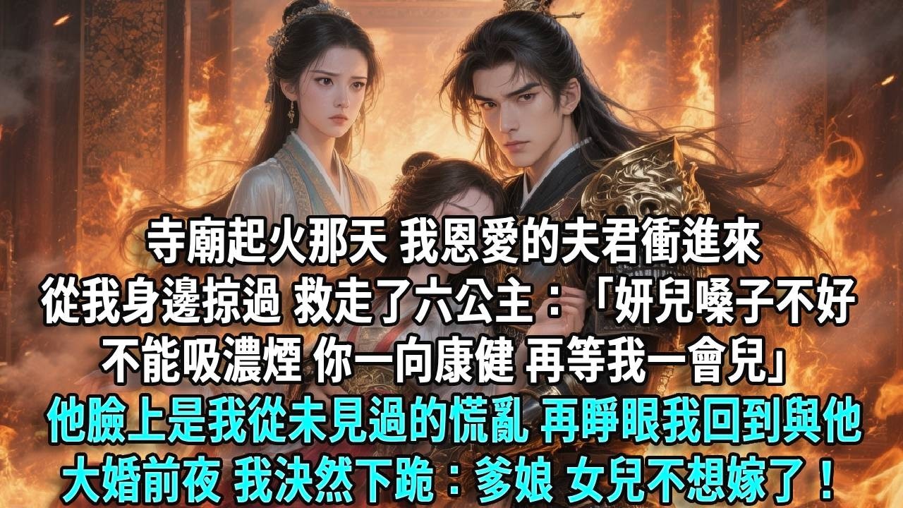 寺廟起火那天，我恩愛的夫君衝進來，從我身邊掠過，救走了六公主：「妍兒她嗓子不好，不能吸濃煙，你一向康健，再等我一會兒。」他臉上是我從未見過的慌亂。再睜眼，我回到與他大婚前夜，我決然下跪：爹娘，女兒不想