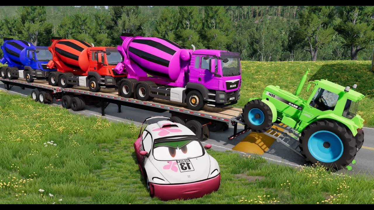 TRANSPORTING PIXAR CARS & FRUITS WITH COLORED & JOHN DEERE vs CLAAS vs TRACTORS - BeamNG.drive