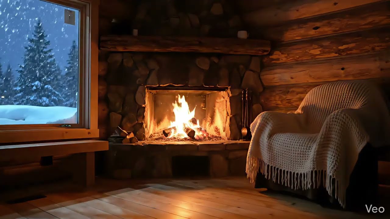 1 Hour Cozy Winter Cabin Fireplace 🔥❄️ Relaxing Snowfall Ambience (Seamless Loop 4K)