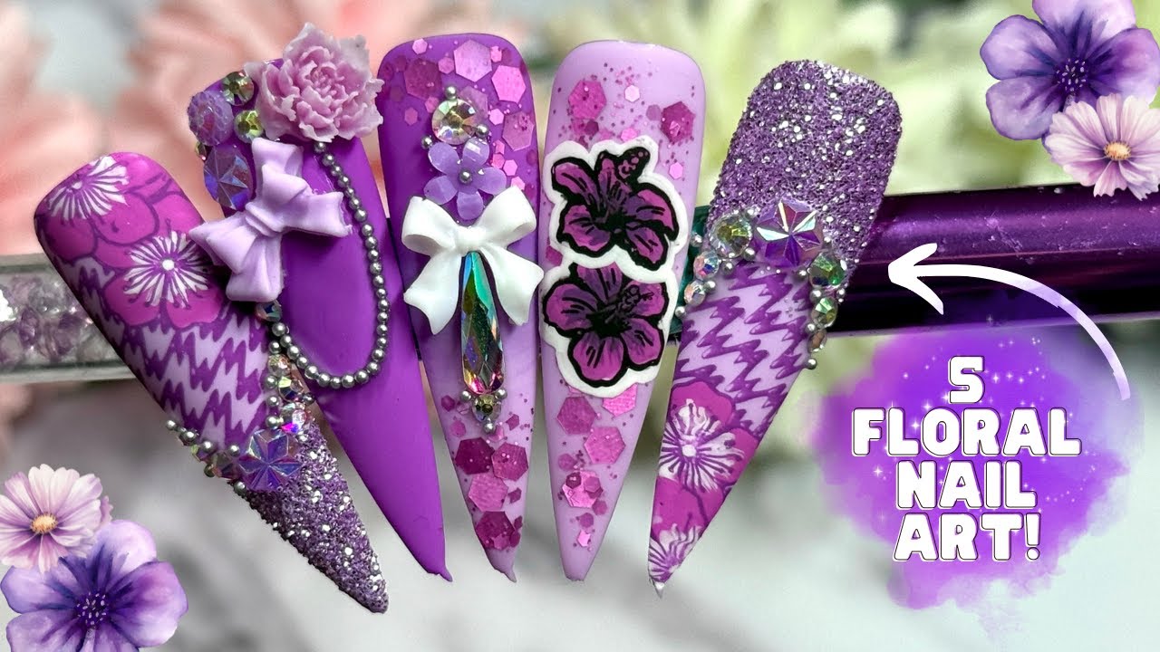 5 DIFFERENT PURPLE FLORAL ACCENT NAIL ART IDEAS! STEP BY STEP TUTORIAL| CREATE WITH STAMPING