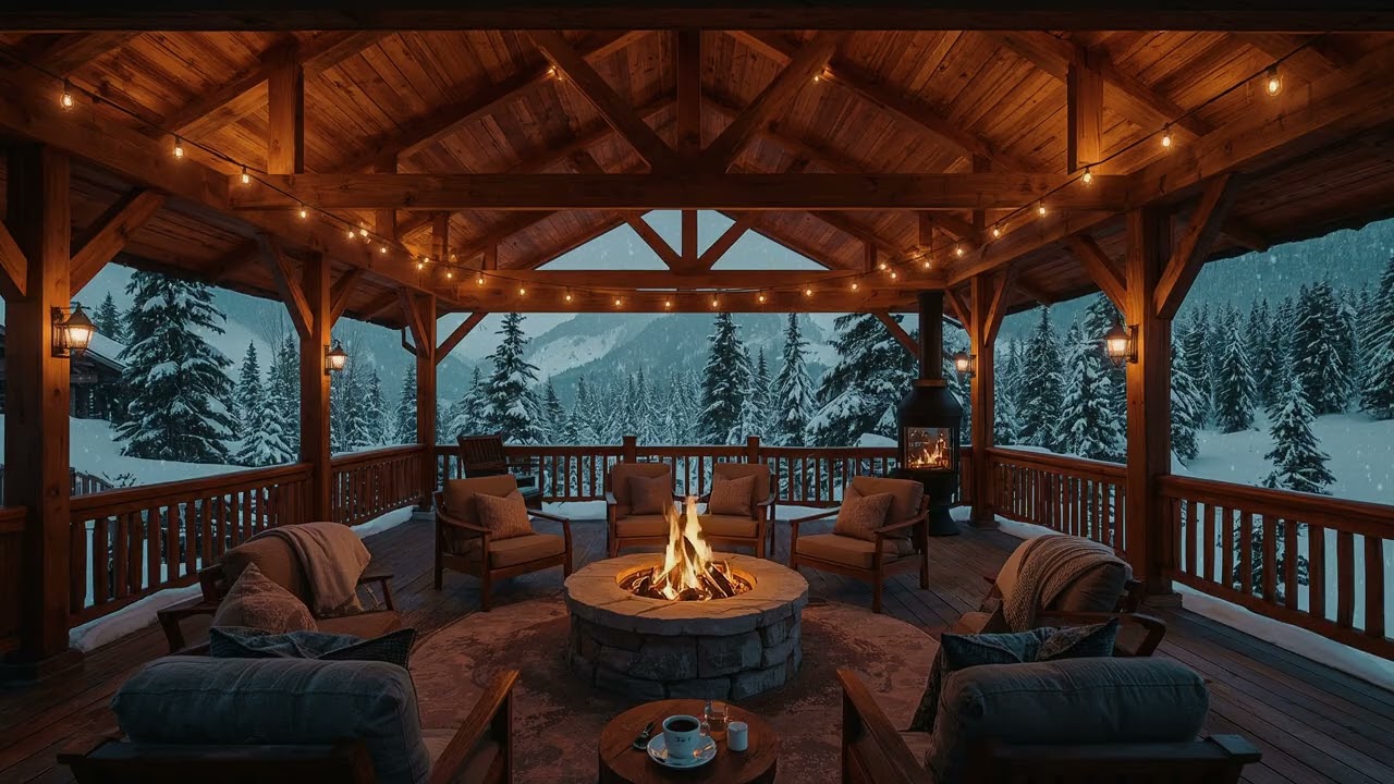 Cozy Winter Terrace | Heavy Snowfall & Roaring Fireplaces | Mountain Cabin Retreat