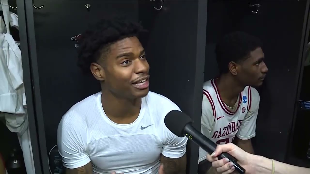Darius Acuff, Nick Pringle, Meleek Thomas and Razorback locker room reaction following Hawai'i win