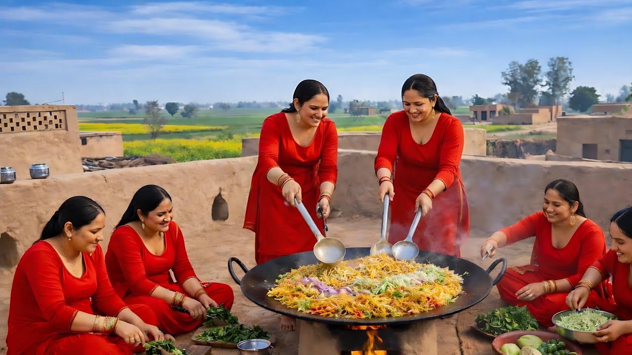 Village Life Cooking: A Group Girls Prepare Giant Noodles on Huge Tawa | Street Food 🍜🔥