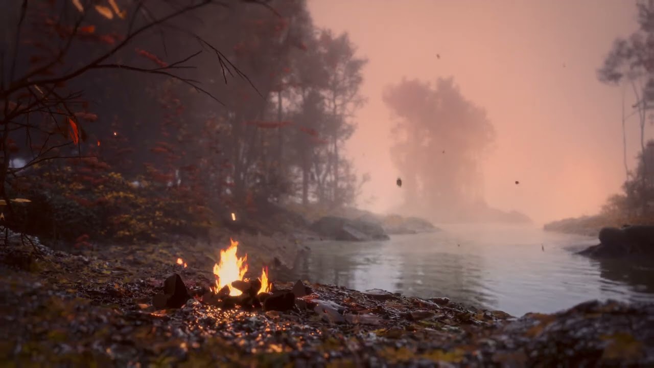 Fire on a Foggy Fall River| Autumn Ambience | River and Crackling Fire ASMR