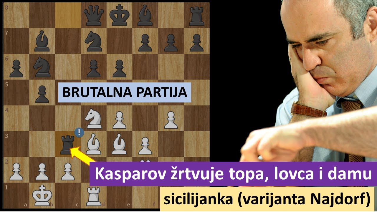 Kasparov žrtvuje topa, lovca i damu - brutalna partija - sicilijanska odbrana (varijanta Najdorf)