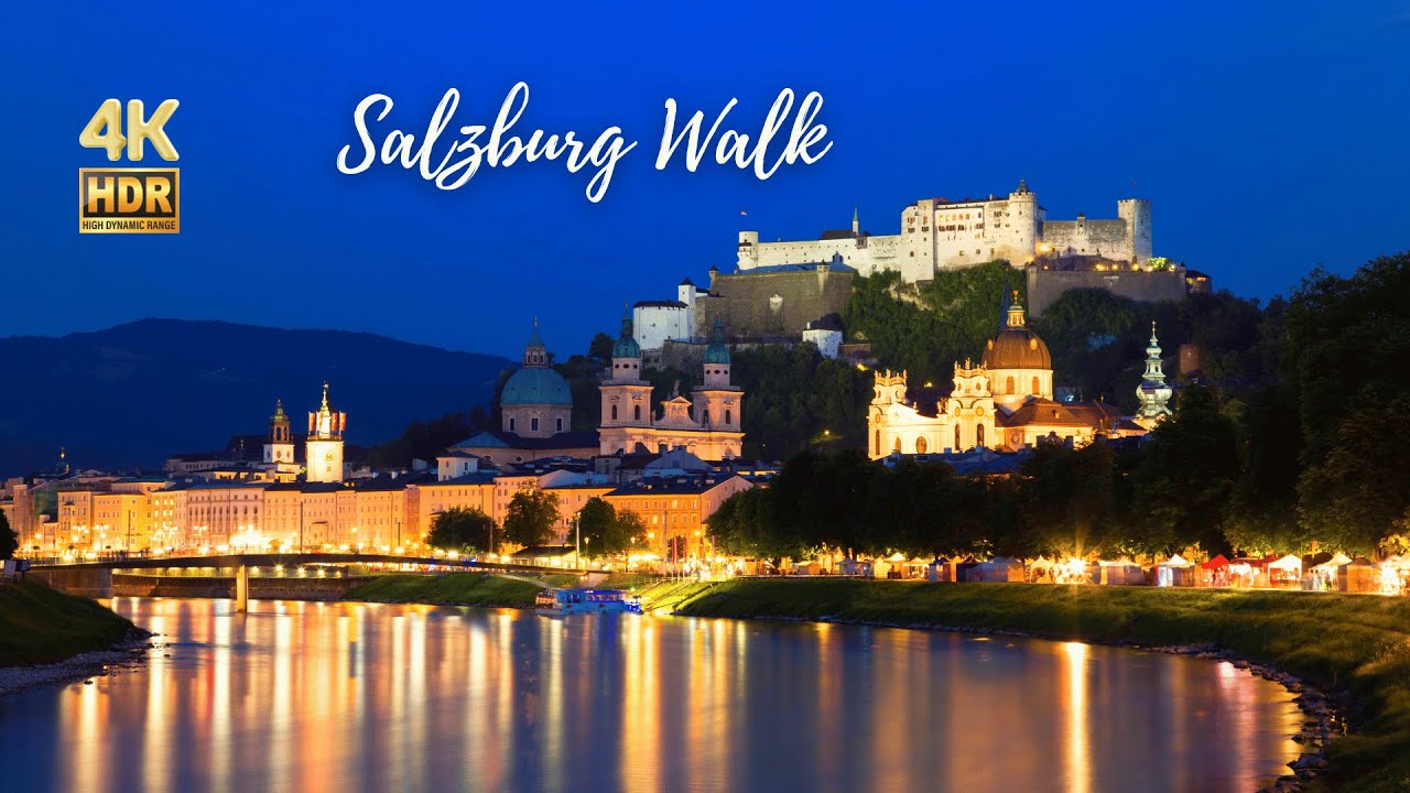 Salzburg, Austria 🇦🇹 - Walking in the Night around New Town area - 4K HDR