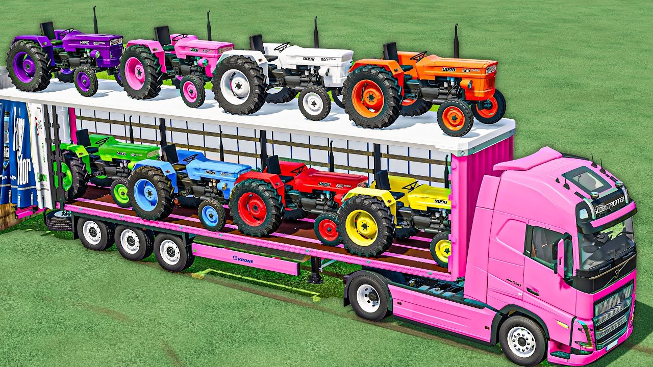 TRANSPORT OF COLORS - FIAT Mini Tractors On DOUBLE ROOF TRAILER - Farming Simulator 22