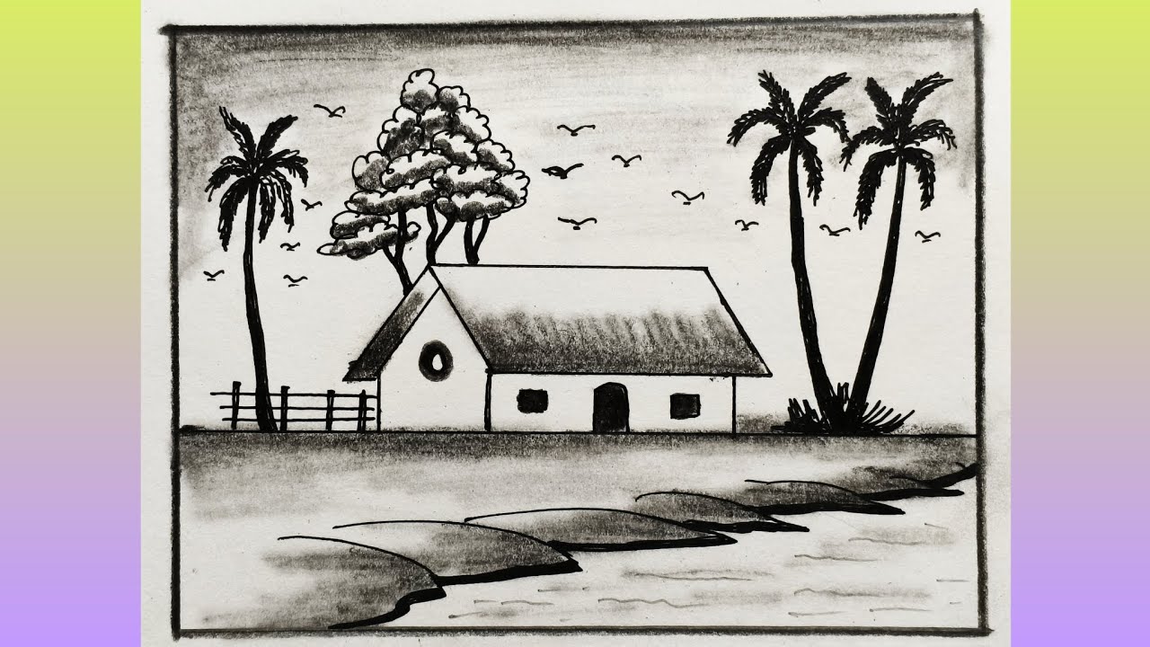 Beautiful Scenery Drawing For Beginner//Easy Step By Step//Scenery Drawing 