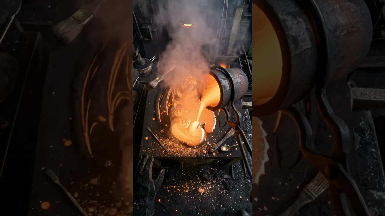 Molten Bronze Pour &rarr; Dragon Sand Casting 🔥 | Satisfying Metal Casting Process