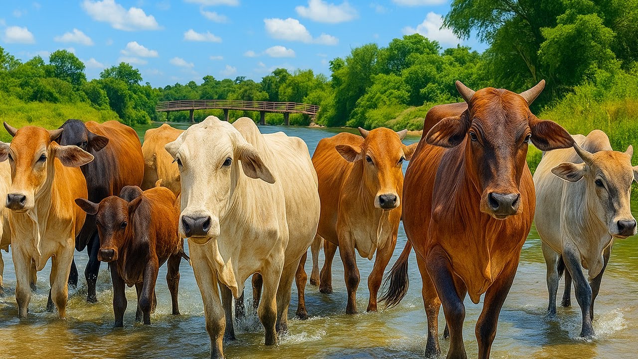 Puluhan Sapi Di pagi hari berjalan Ke ladang rumput, Suara Sapi Moo, Aktivitas sapi lucu Di ladang